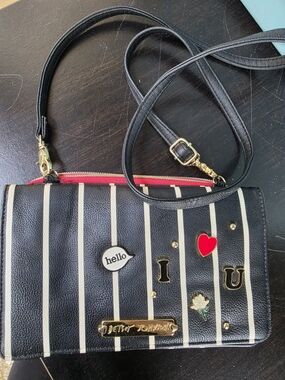 New With Defects Betsey Johnson Black and White Striped Crossbody
